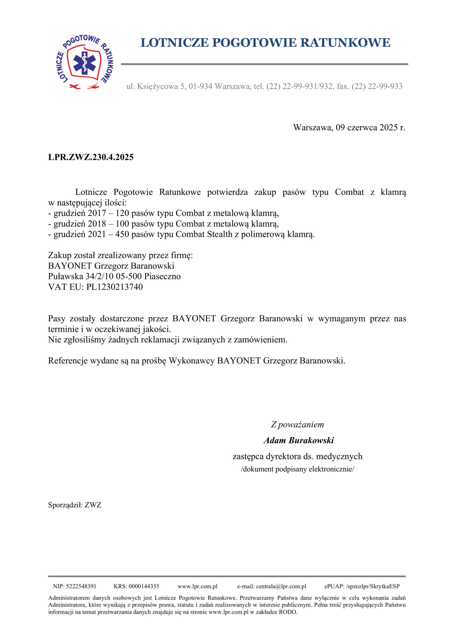 List Referencyjny Bayonet LPR